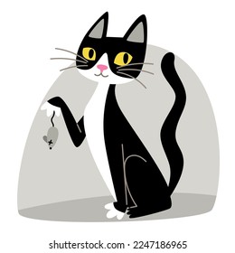 Black and white cat caught a mouse, flat style illustration