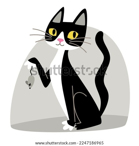 Black and white cat caught a mouse, flat style illustration