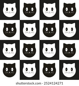 Black White cat Checkerboard vector seamless pattern. Groovy cat background. 