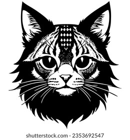 Black and white cat with a checkered hat on its head and eyes, looking straight ahead, with a white background, sticker, a character portrait. Cartoon avatar