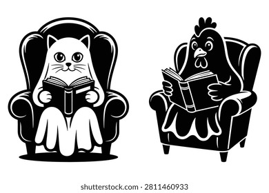Black and white of a cat and a chicken sitting in armchairs reading open books