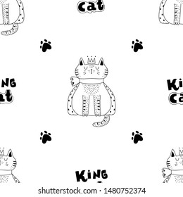 Black and white cat with a crown and a cape and the inscription cat king. Seamless pattern.Creative childish texture. Great for fabric, textile Vector Illustration