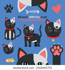 Black and White Cat - Cute Illustrations in Different Poses, Sitting, Side, Head, Paw and Ears. Cartoon in Flat Design.