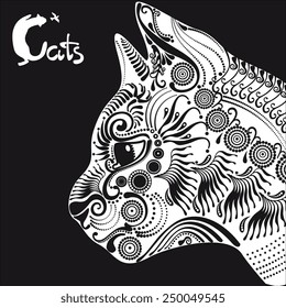 black and white cat, decorative pattern for a tattoo or stencil