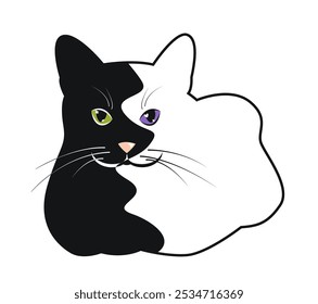 Black and white cat with different colored eyes. Concept of good and evil connection. Vector illustration