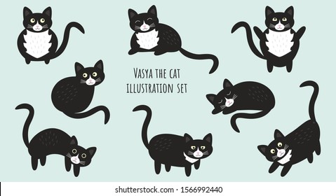 Сute black and white cat with different emotions set of doodle vector illustration
