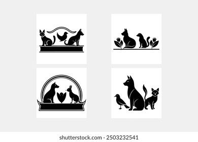 black and white cat, dog, bird vector illustration for versatile design applications.