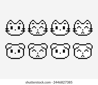 Black and white cat and dog sticker. Icon kitten and puppy outline pixel art isolated element.