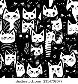 Black and White Cat Doodle Sketch Seamless Pattern