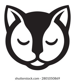Black and white cat face with closed eyes and pointy ears simple illustration