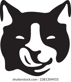 black and white cat face with grinning eyes and licking tongue using positive and negative space.