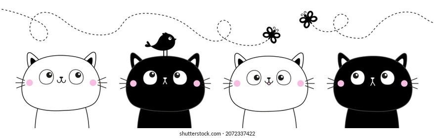 Black white cat face head line contour silhouette icon set. Funny kawaii smiling sad doodle animal. Flying bird, butterfly. Cute cartoon character. Pet collection. Baby background. Flat design. Vector