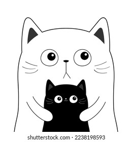 Black white cat face head line contour silhouette icon set. Mother hugging baby. Love couple. Funny kawaii smiling sad doodle animal. Cute cartoon character. Flat design. White background. Vector