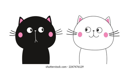 Black white cat face head line contour silhouette icon set. Funny kawaii sad smiling doodle animal. Cute cartoon character. Pink blush cheeks. Pet collection. Flat design. Baby background. Vector
