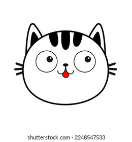 Black white cat face head striped line contour silhouette icon. Cute kawaii smiling showing tongue doodle animal. Cartoon funny character. Pet collection. Flat design Baby background. Vector