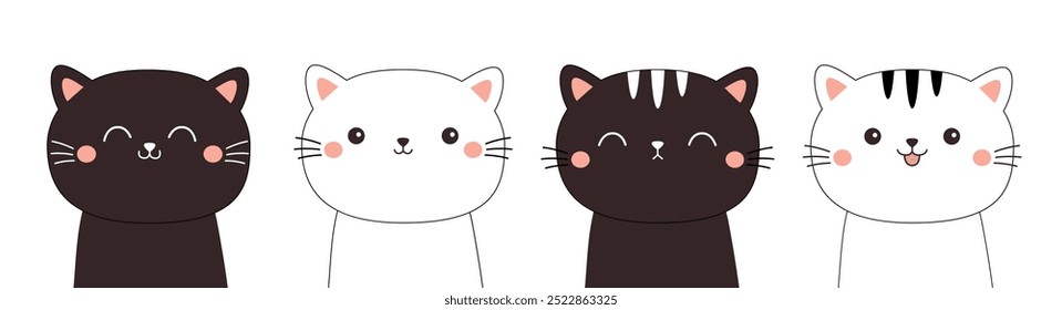 Black white cat face head line contour silhouette icon set. Cute cartoon funny character. Funny kawaii smiling sad doodle animal. Pink blush cheeks. Pet collection. Flat design. Baby background Vector