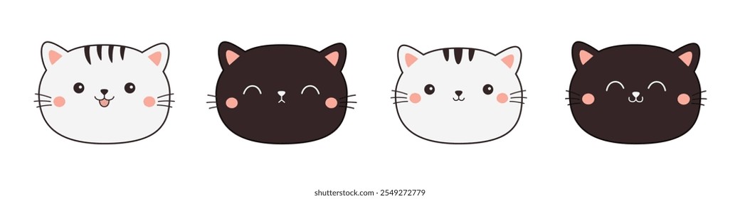 Preto branco gato face cabeça contorno silhueta ícone definir linha. Cara bonita. Engraçado kawaii sorrindo triste rabiscar animal. Personagem de desenho animado. Estilo infantil. Coleção de animais de estimação Fundo do bebê Design plano Vetor