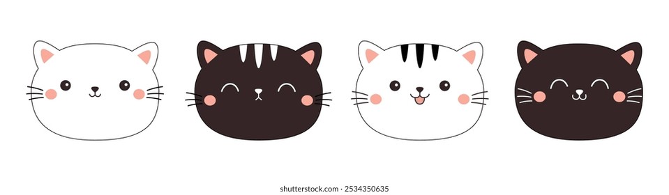 Black white cat face line contour silhouette icon set. Kitten head. Cute cartoon funny character. Funny kawaii smiling sad doodle pet animal. Pink blush cheeks. Flat design. Baby background. Vector