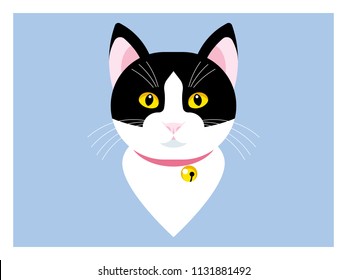 Black and white cat. Feline head - yellow eyes, ears, pink nose, long whiskers. Cat`s face, Front view. Stylized vector illustration. Isolated