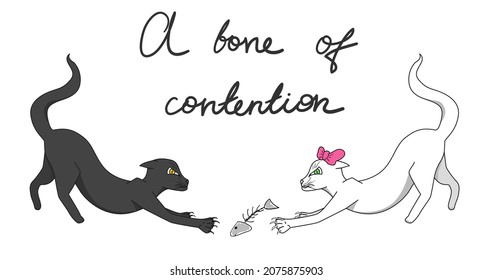 Un gato blanco y negro está luchando por un hueso de pescado. Texto Un hueso de contención. Ilustración del vector