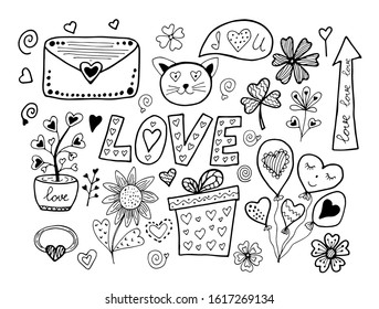 Black and white cat, flowers, hearts set in doodle style isolated on white background. Hand drawing vector stock illustration.