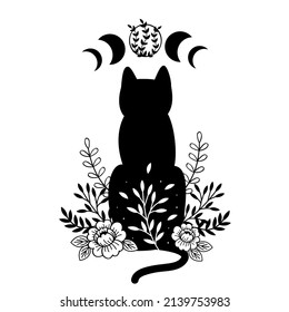 Black and white cat with flowers and moon phases