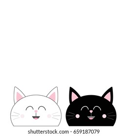 Black White Cat head couple family icon. Cute funny cartoon smiling character. Happy Valentines day Greeting card template. Kitty Whisker Baby pet collection background. Isolated. Flat design. Vector