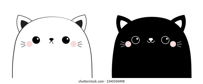 Black white cat head face line contour silhouette icon set. Pink blush cheeks. Funny kawaii smiling animal. Cute cartoon funny character. Pet collection. Flat design Baby background. Vector