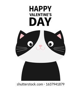 Black and white cat head face body. Happy Valentines Day. Funny Kawaii smiling baby animal. Cute cartoon funny character. Pet collection. Flat design. Kids background. Isolated. Vector illustration