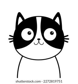 Black white cat head face line contour silhouette icon. Funny kawaii smiling doodle animal. Cute cartoon funny character. Pet collection. Flat design Baby background. Vector