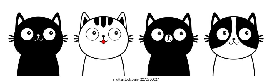 Schwarz-Weiß-Katzenkopf-Linie Kontur Silhouette Symbol Set. Funny kawaii lächelt traurig doodle Tier. Cute Cartoon lustigen Charakter. Haustier-Sammlung. Unterschiedliche Emotionen. Flaches Design Baby Hintergrund Vektor