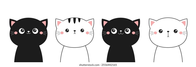 Black white cat head face line contour silhouette icon set. Cute cartoon funny character. Pet collection. Pink blush cheeks. Funny kawaii smiling sad doodle animal. Flat design Baby background. Vcetor