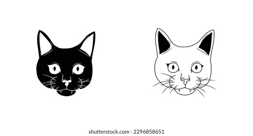 Schwarz-Weiß-Katzenkopfsymbol einzeln auf weißem Hintergrund. Tier, Haustier, Katze, Katzenkopf, Kätzchen, Kätzchen, Gesicht, Kopf, Whisker, Miau, Silhouette, Cartoon, Doodle, Aufkleber, Clips, Vektorgrafik.