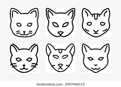 Black and white cat head icon shape silhouette vector art illustration design image set. Perfect for creating stylish and modern feline graphics, logos, and decor.