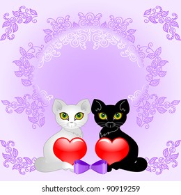 Black and white cat holding two hearts. Background for wedding cards.