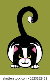 Black and white cat in a hunter's pose. A pet. Poster, postcard, icon. vector illustration