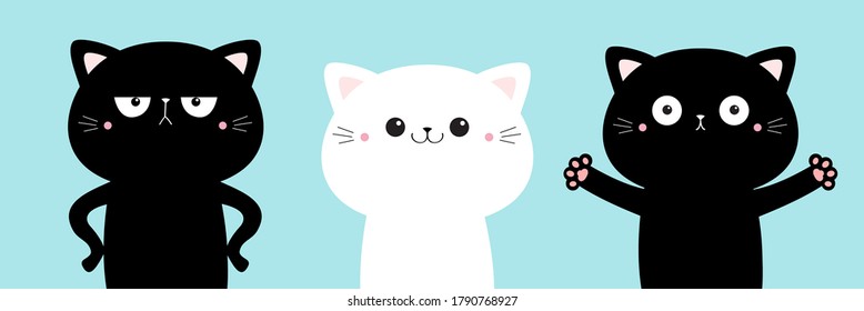 Black white cat icon set. Cute kawaii cartoon character. Funny kitten kitty giving a hug, angry. Happy Valentines Day. Greeting card tshirt notebook cover print. Baby background. Flat design. Vector