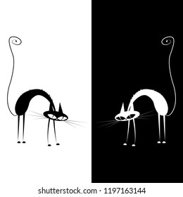 Black and white cat icon. Vector illustration of cartoon cat. Two cat logo.