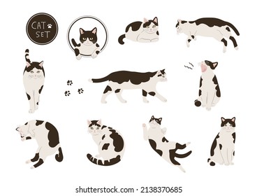 Black and white cat illustration set.