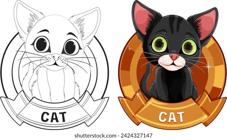 Black and white cat illustrations within badges