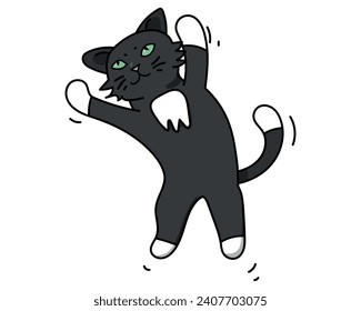Black and white cat jumping colored doodle vector illustration. Isolated on white background