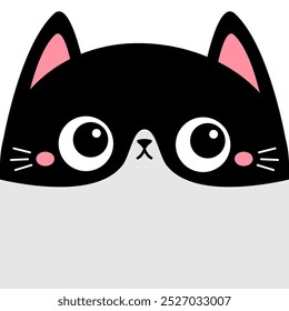 Black and white cat kitten face head silhouette. Cute cartoon funny character. Kawaii pet animal. Pink nose, ears, tongue. Childish style. Sticker print. Flat design. White background. Vector