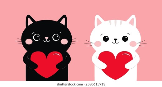 Black White cat kitten kitty set holding red heart. Cute cartoon kawaii funny animal baby character. Flat design. Happy Valentines Day. Love card. Childish style. Pink background. Isolated. Vector