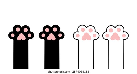 Black White cat kitten paw print leg foot sign symbol set. Pink pawprint. Cute kawaii cartoon pet character body part silhouette. Valentines Day. Childish style. Flat design. White background Vector