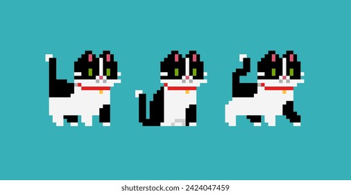 Black and White Cat or Kitten in pixel art - isolated vector. Cute kawaii style pixel cats with white and black spots. Cute pixel kitten design for stickers, icons, puzzle and mosaic 