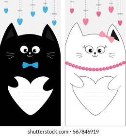 Black white cat kitty family couple holding heart shape paper. Hanging dash line Poster Notebook cover Composition book template Cute cartoon character set Baby Card Flat Gray background Vector
