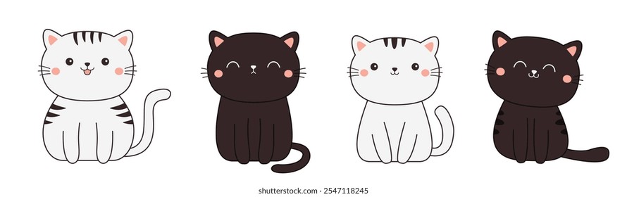 Conjunto de iconos de silueta de contorno de línea de gato blanco negro. Linda cabeza de cara. Divertido kawaii sonriente y triste doodle animal. Caricatura. Estilo infantil. Colección para mascotas. Fondo del bebé. Diseño plano. Vector