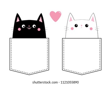 Black white cat love couple in the pocket. Pink heart. Cute cartoon pet animals. Kitten kitty character. Dash line. Happy Valentines Day. T-shirt design. Baby background. Isolated. Flat design. Vector