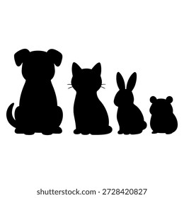 Black and white cat and mouse cartoon illustration with cute animals and pets silhouette