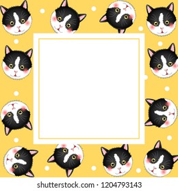 Black White Cat on Yellow Banner Card. Vector Illustration.